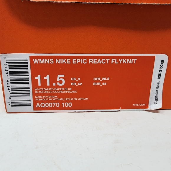 Nike Epic React Flyknit White Racer Blue 2018 AQ0070 100 Women's 11.5 Men's 10 - Picture 8 of 11